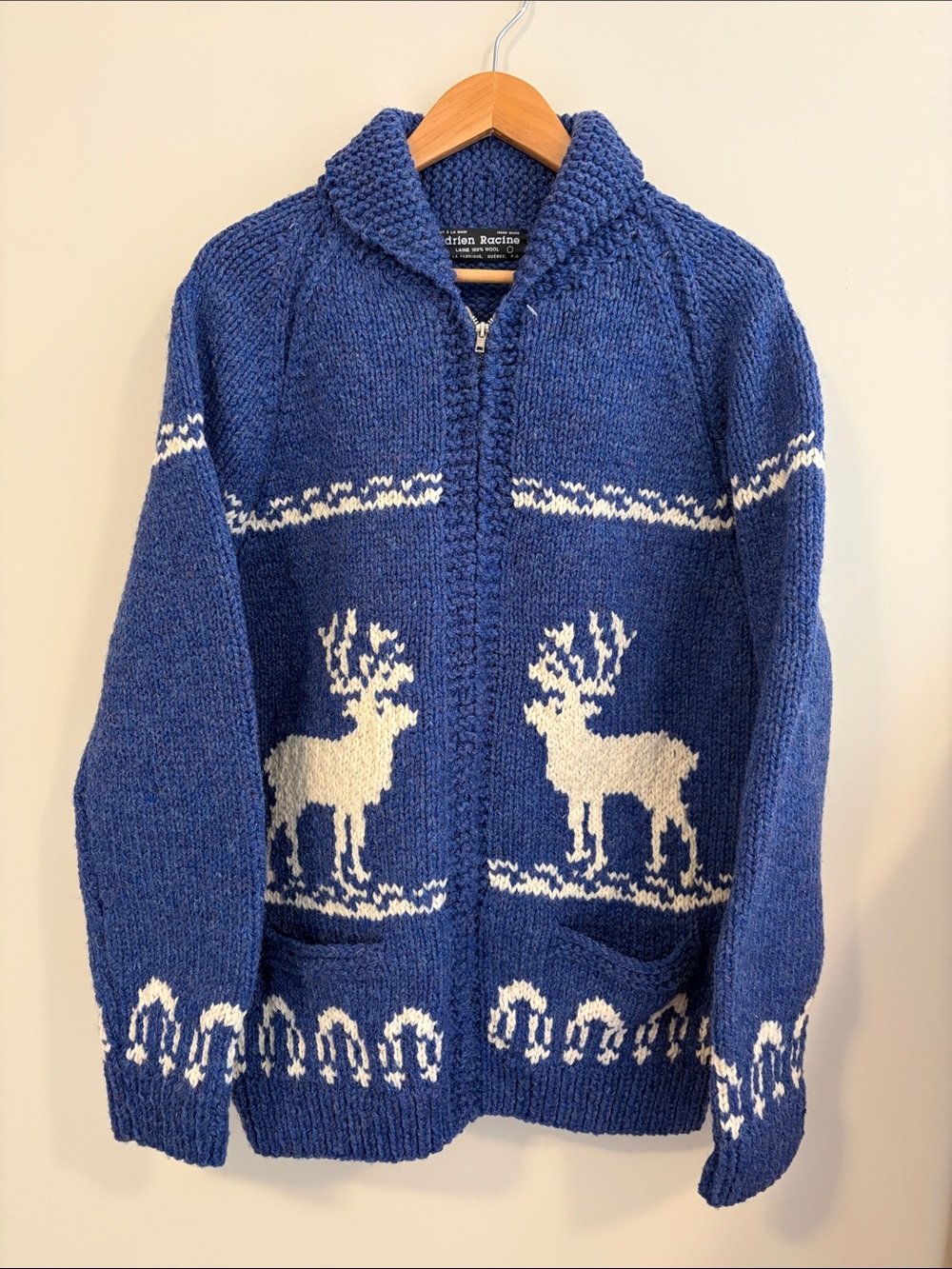 Hand-Knit Blue Zip Cardigan with White Reindeer Motif